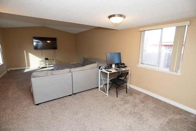 living area with baseboards, a textured ceiling, lofted ceiling, and carpet flooring