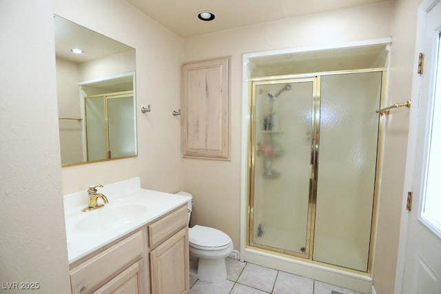 full bath featuring vanity, toilet, a shower stall, and tile patterned flooring