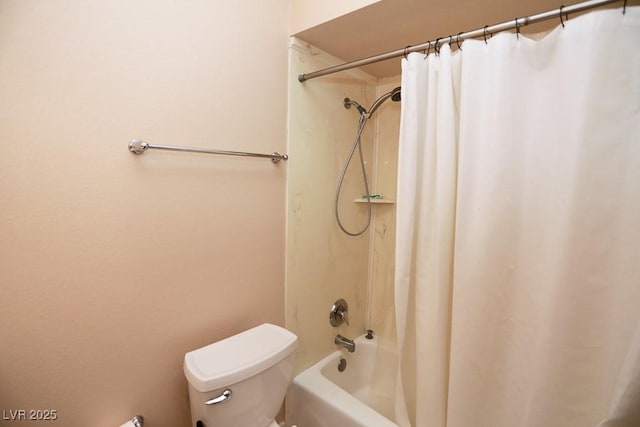 bathroom featuring shower / bathtub combination with curtain and toilet