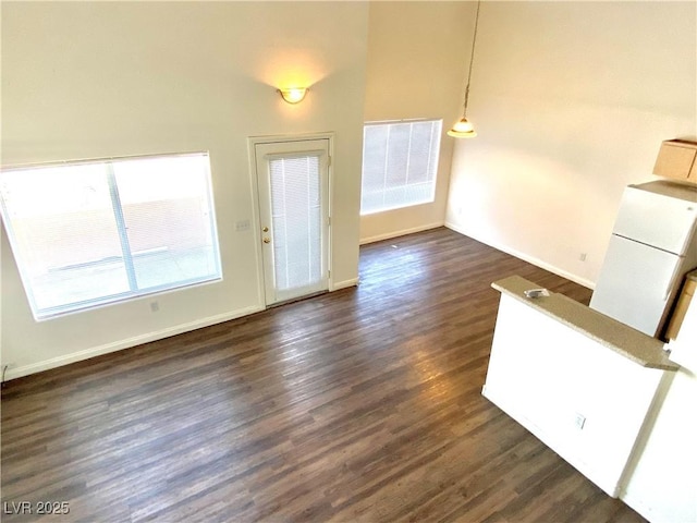 interior space featuring baseboards, dark wood-style flooring, and a towering ceiling