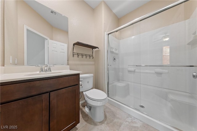 full bathroom with visible vents, vanity, toilet, and a shower stall