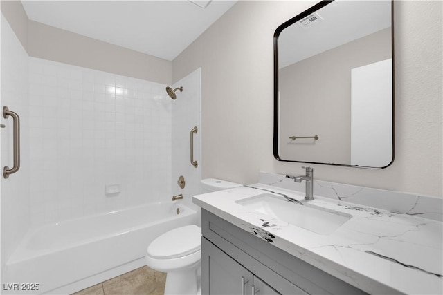 bathroom featuring visible vents, toilet,  shower combination, tile patterned flooring, and vanity