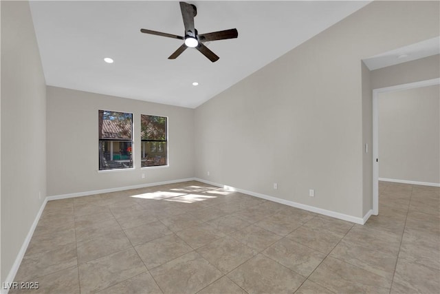 tiled empty room with recessed lighting, ceiling fan, baseboards, and lofted ceiling