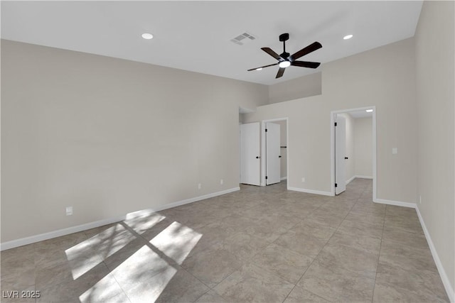 unfurnished bedroom featuring a ceiling fan, recessed lighting, baseboards, and visible vents