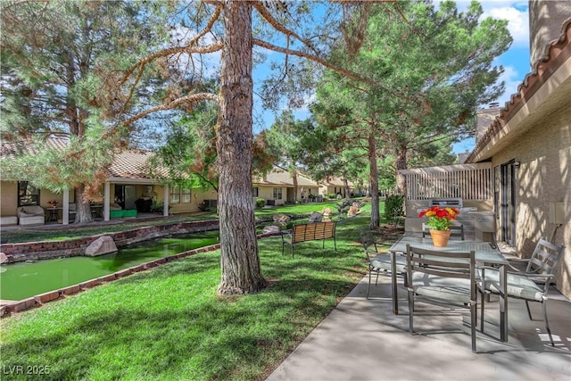 view of yard with a patio area and outdoor dining space