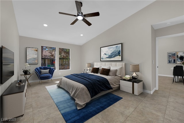 bedroom with recessed lighting, baseboards, light tile patterned flooring, and vaulted ceiling