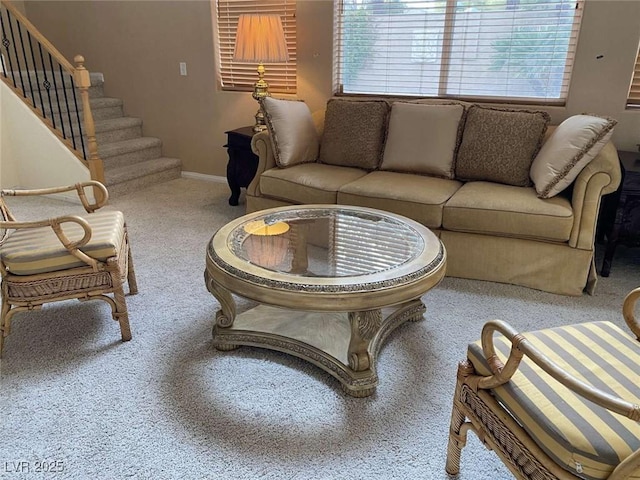 9301 Harrow Rock St, Las Vegas, NV 89143 - living room featuring carpet flooring, stairs, and baseboards