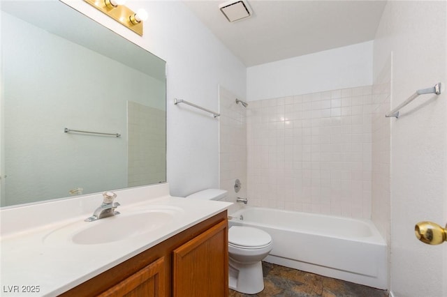 bathroom with toilet, vanity, and bathing tub / shower combination