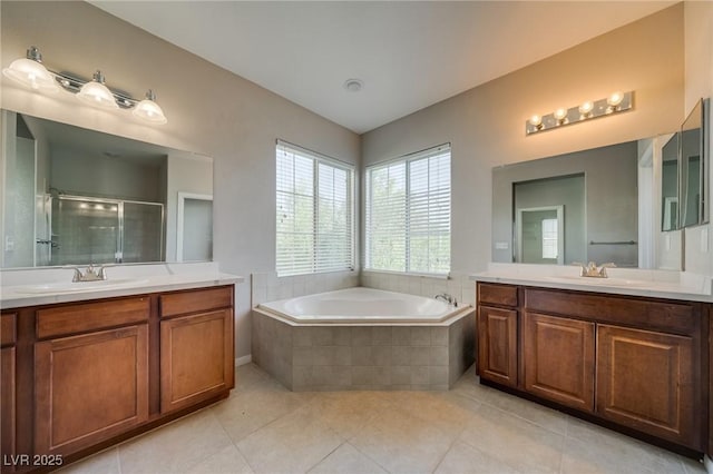 8348 Mokena Ave, Las Vegas, NV 89178 - full bath with two vanities, a bath, tile patterned floors, and a shower stall