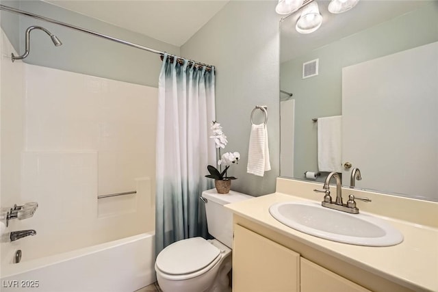 bathroom featuring visible vents, shower / tub combo with curtain, vanity, and toilet