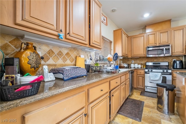 6177 W Cougar Ave, Las Vegas, NV 89139 - kitchen featuring stone countertops, stainless steel appliances, decorative backsplash, and stone finish flooring