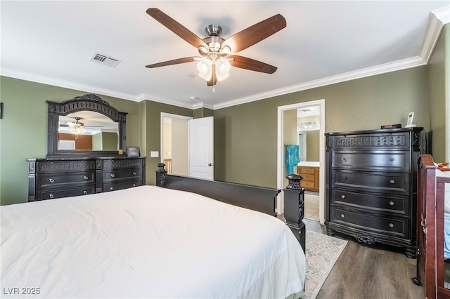 6177 W Cougar Ave, Las Vegas, NV 89139 - bedroom featuring visible vents, wood finished floors, a ceiling fan, and ornamental molding