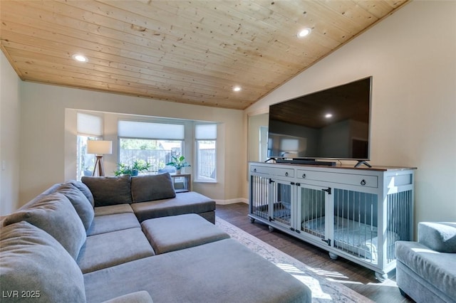 living room with wood finished floors, recessed lighting, wood ceiling, and lofted ceiling