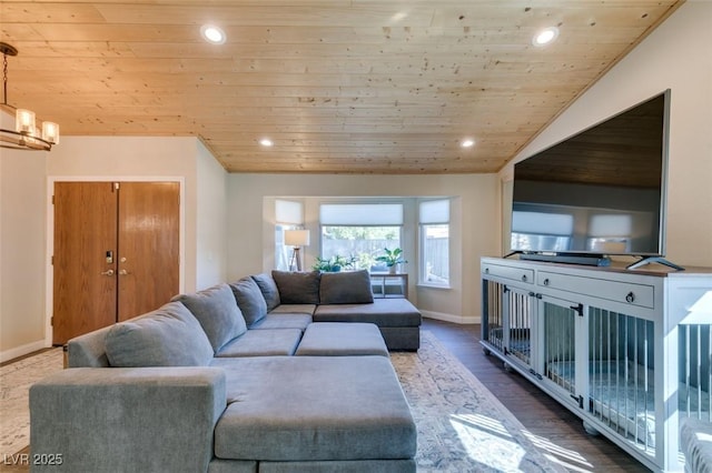 living area with wood finished floors, baseboards, lofted ceiling, recessed lighting, and wooden ceiling