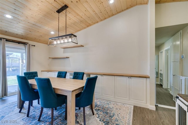 dining space with baseboards, wood ceiling, vaulted ceiling, recessed lighting, and light wood-style floors