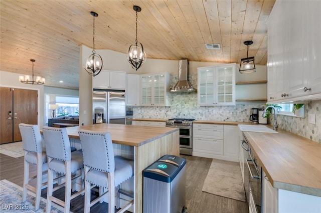 kitchen featuring visible vents, a sink, stainless steel appliances, wall chimney range hood, and wooden counters