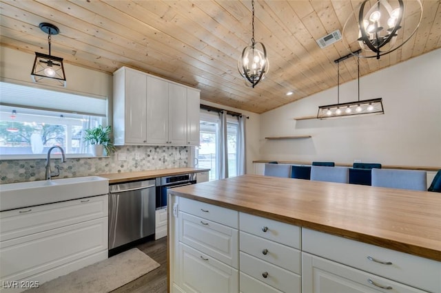 kitchen with tasteful backsplash, wooden counters, wooden ceiling, stainless steel dishwasher, and a sink