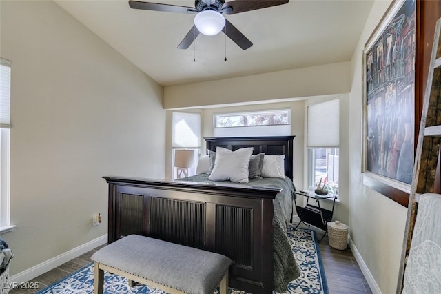 bedroom featuring dark wood finished floors, multiple windows, and baseboards