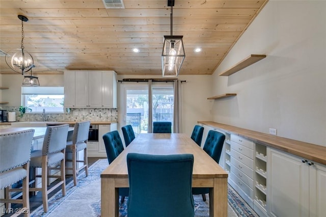 dining room featuring recessed lighting, visible vents, wood ceiling, and vaulted ceiling