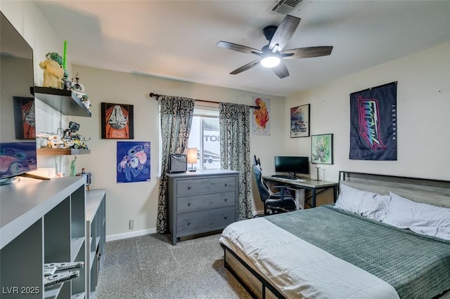 bedroom with visible vents, ceiling fan, baseboards, and carpet floors