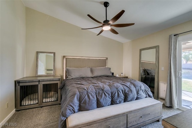 carpeted bedroom featuring access to exterior, ceiling fan, baseboards, and lofted ceiling