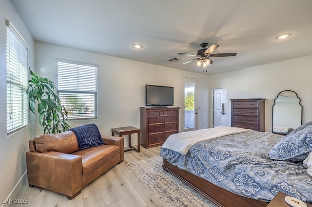 bedroom with light wood-type flooring, visible vents, a ceiling fan, recessed lighting, and baseboards