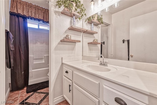 full bath with tile patterned floors, toilet, tub / shower combination, and vanity