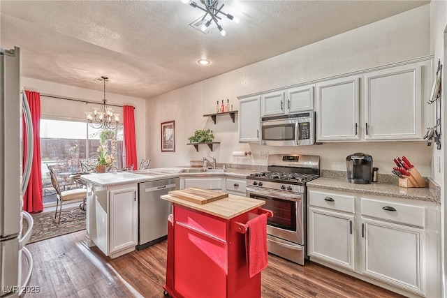 kitchen with dark wood finished floors, a peninsula, stainless steel appliances, and a sink