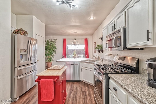 kitchen with dark wood-type flooring, a sink, wood counters, stainless steel appliances, and a chandelier