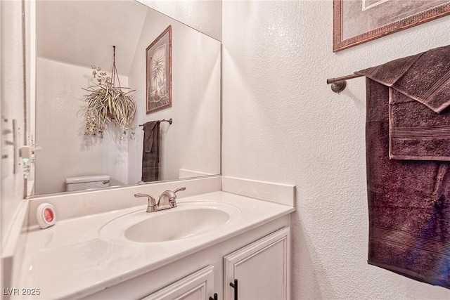 bathroom with toilet, vanity, and a textured wall