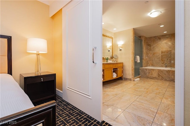 bathroom with recessed lighting, a shower stall, baseboards, a bath, and vanity