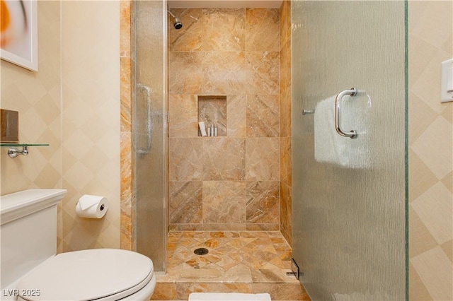 full bathroom featuring toilet and a shower stall