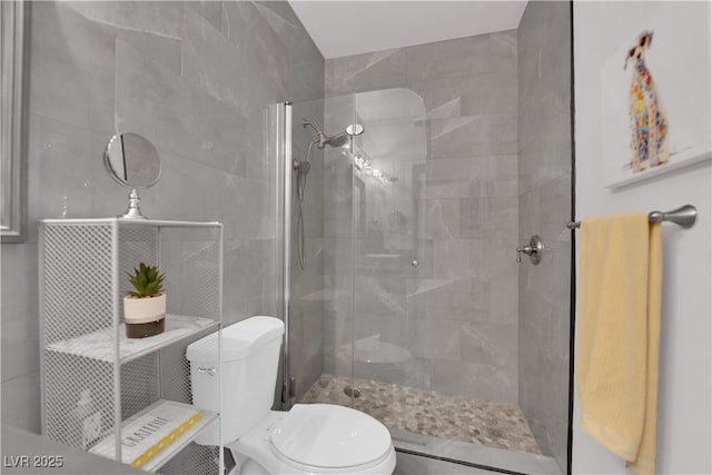 bathroom with a stall shower, toilet, and tile walls