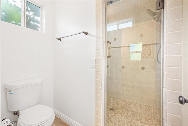 bathroom featuring toilet and a stall shower