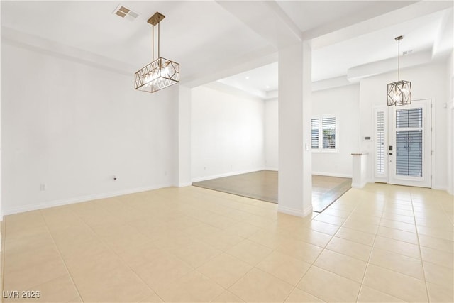 empty room with visible vents, baseboards, a chandelier, recessed lighting, and light tile patterned flooring