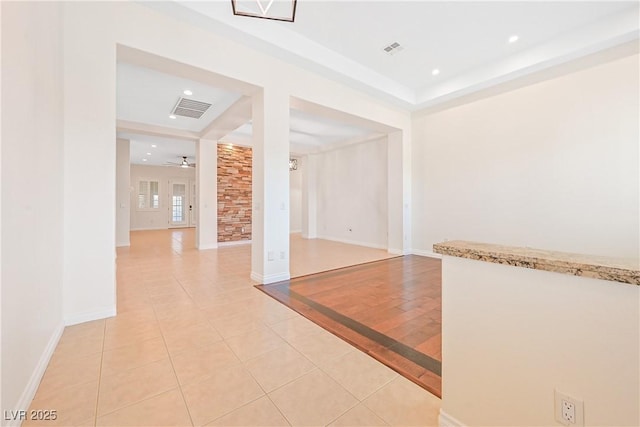 empty room featuring recessed lighting, light tile patterned floors, visible vents, and ceiling fan