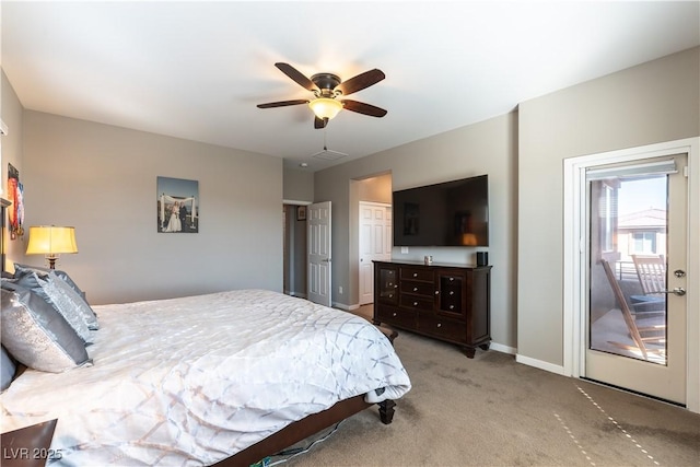 bedroom with baseboards, light colored carpet, access to exterior, and a ceiling fan