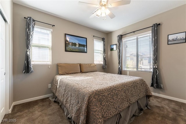 bedroom with baseboards, carpet, and a ceiling fan