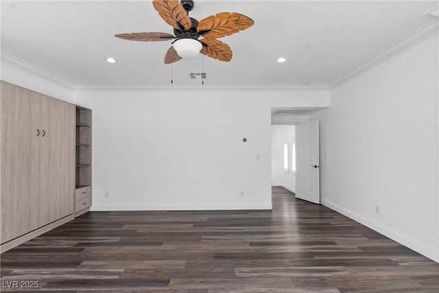 unfurnished bedroom featuring visible vents, ornamental molding, dark wood-style floors, recessed lighting, and baseboards