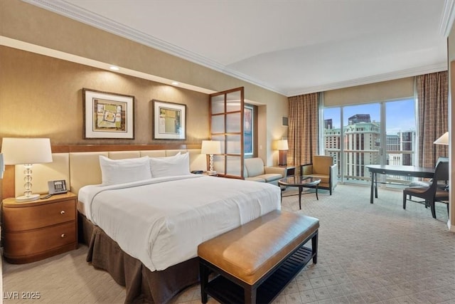 bedroom featuring a view of city, light colored carpet, and ornamental molding