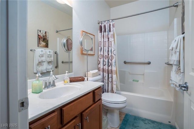 bathroom with vanity, shower / bath combination with curtain, and toilet