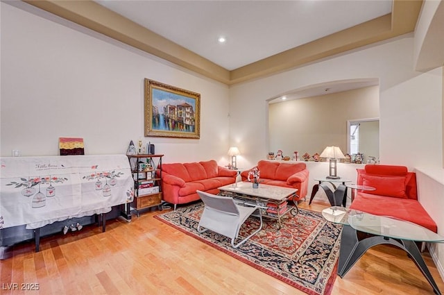 living room featuring recessed lighting and wood finished floors