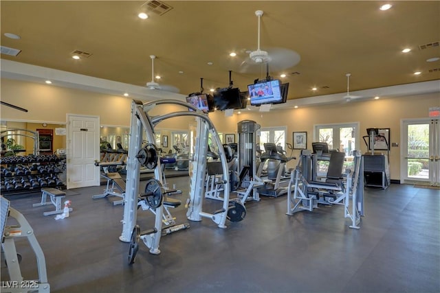 gym with recessed lighting, french doors, and visible vents