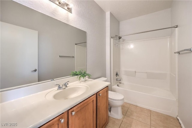 full bath with tile patterned flooring,  shower combination, toilet, and vanity