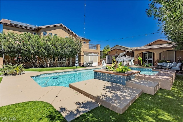 view of swimming pool with a patio, a fenced in pool, an outdoor structure, outdoor lounge area, and a storage shed