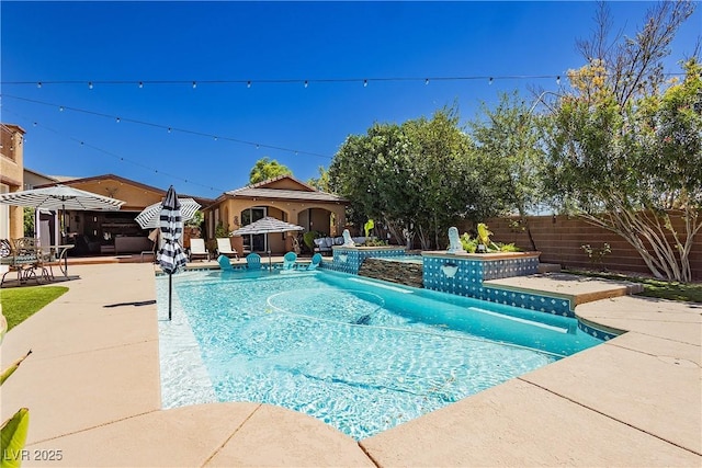 view of pool with a patio area, a fenced in pool, a gazebo, and a fenced backyard