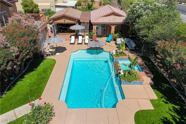 outdoor pool with a yard and a patio