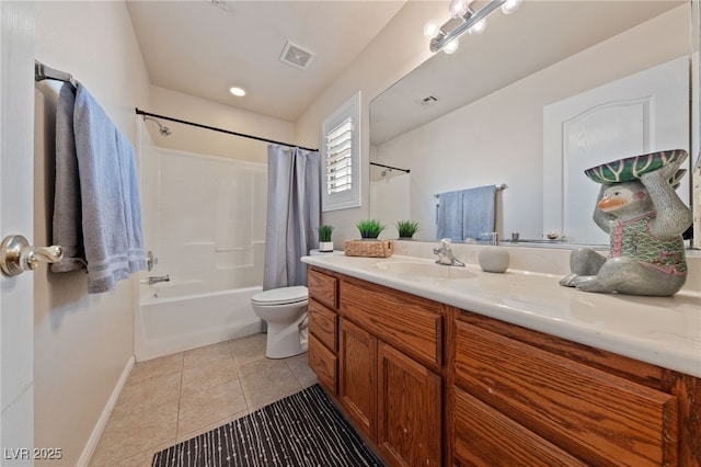 full bathroom with tile patterned floors, visible vents, shower / bathtub combination with curtain, toilet, and vanity