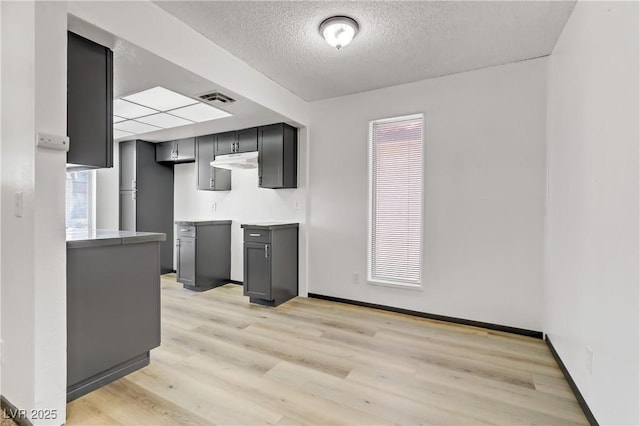 kitchen with visible vents, gray cabinets, under cabinet range hood, a textured ceiling, and light wood-style floors