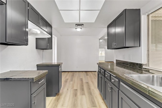 kitchen featuring visible vents, light wood finished floors, gray cabinetry, a sink, and dark countertops